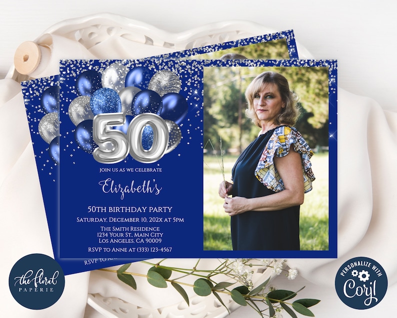 May include: Blue and silver birthday party invitation with a photo of a woman and the text "Join us as we celebrate Elizabeth's 50th Birthday Party".