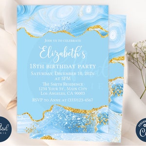 baby blue and gold birthday invitation template, blue any age birthday invitation, agate invitation, adult birthday, women birthday TFP40