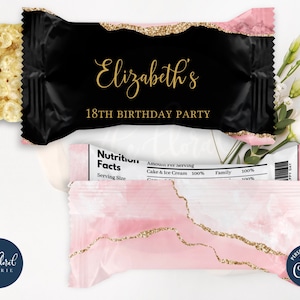 Modèle d&#39;emballage de riz krispies rose poudré et noir, emballage de riz croustillant modifiable, étiquettes imprimables de régal de riz krispies, cadeaux d&#39;anniversaire TFP30