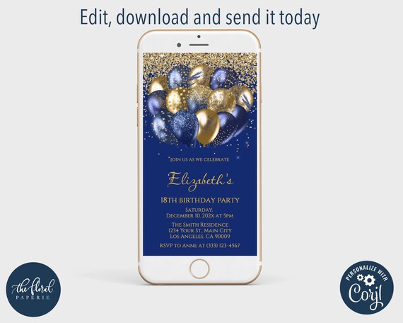 Navy Blue and Gold Birthday Invitation Template, Phone Invite