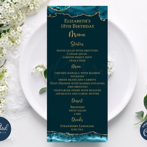 blauwgroen en goud menukaartsjabloon, bewerkbare evenementmenukaart, afdrukbare menukaart, dinermenukaart, agaatmenukaart, verjaardagsmenu's TFP35