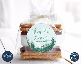 forest favor tags template, editable woodland favor tag,  pine tree thank you tags, personalized gift tags, forest treat bag tags