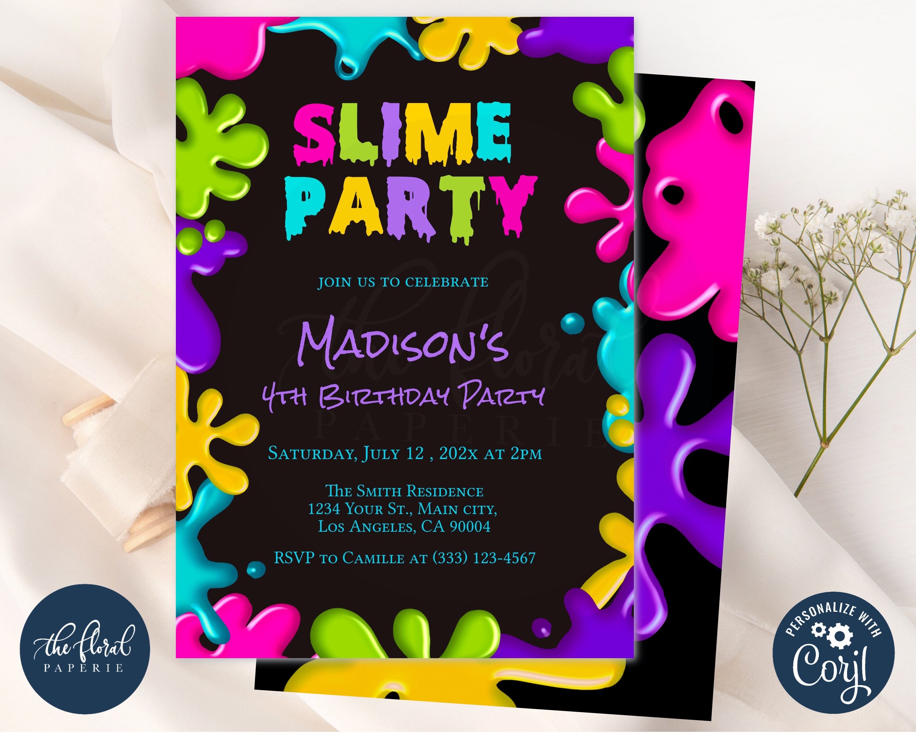 Slime Theme Birthday Party Printables  Slime Decorations & Invitations  Templates