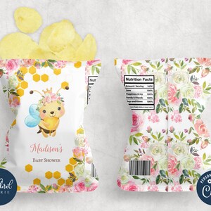 bee chip bag template, editable bee potato chip bag wrapper, printable bee potato chips party favor labels, bee baby shower chip bag labels