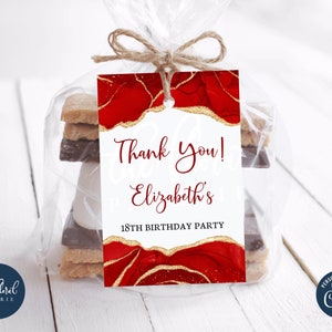 red and gold birthday favor tags template, editable birthday gift tags, printable birthday labels, thank you tags, personalized tags TFP37