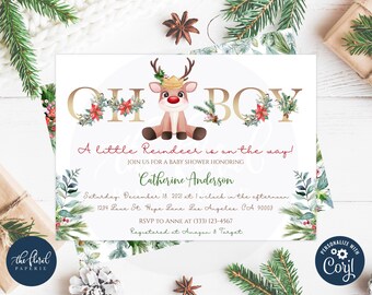 reindeer baby shower invitation template, editable christmas baby shower invites, printable winter baby shower invites, oh boy baby shower