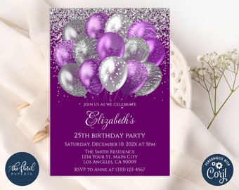Purple and Silver Balloons Birthday Invitation Template, Editable Party Invite (Digital)