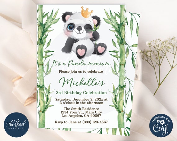 Panda Birthday Invitation Template Editable Girl Birthday | Etsy