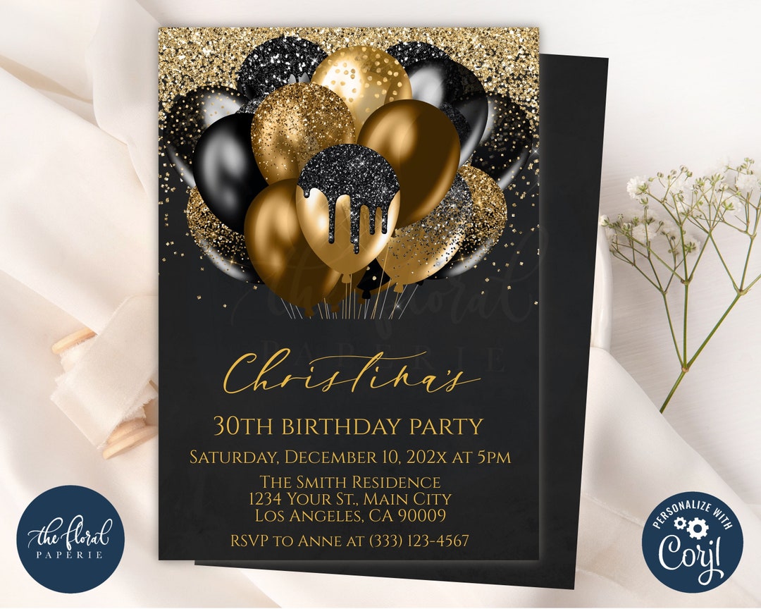 Black and Gold Birthday Invitation Template, Balloons Party Invites ...