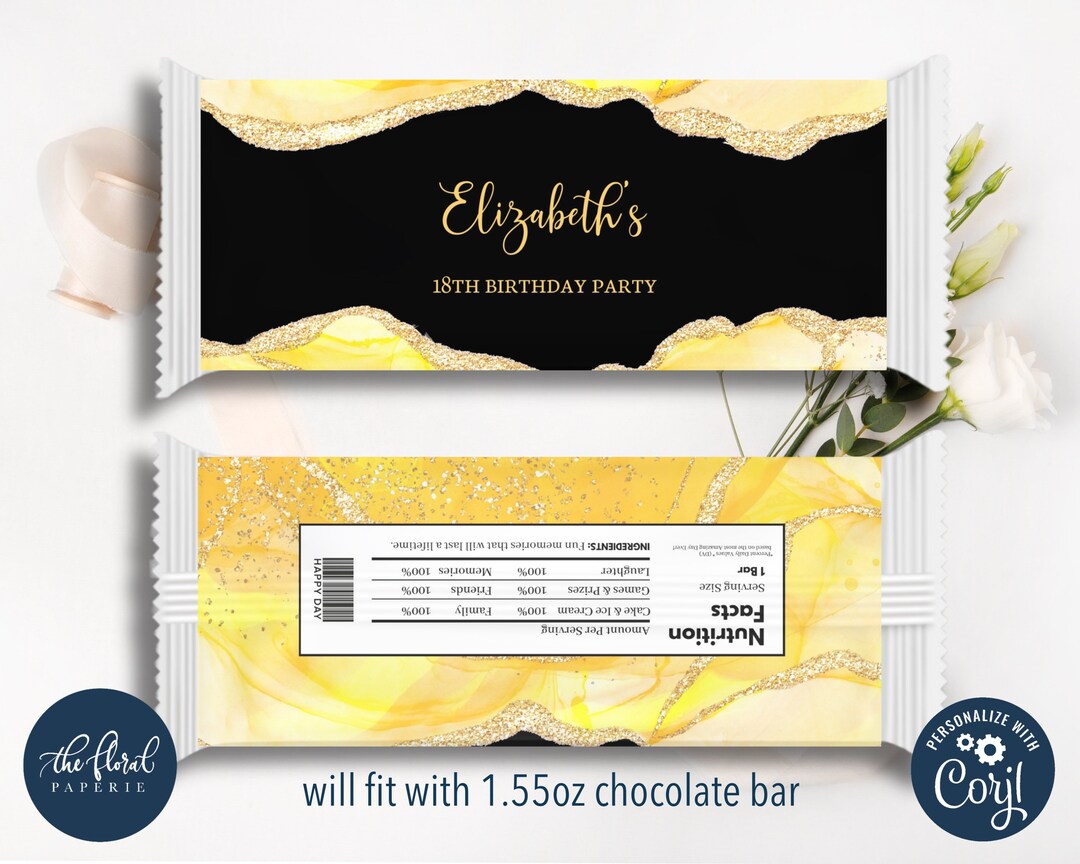 Yellow and Black Chocolate Wrapper Template, Editable Candy Bar Wrapper ...
