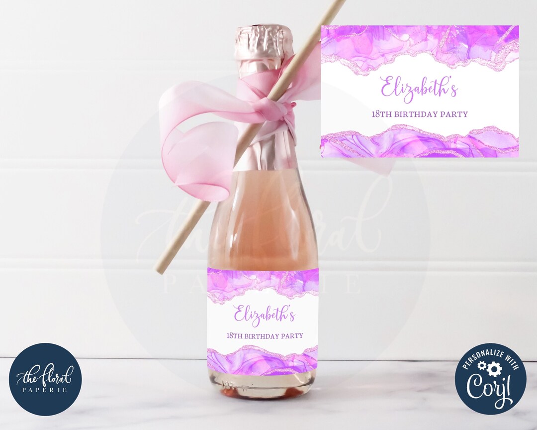 Purple Mini Champagne Label Template, Editable Mini Wine Bottle Labels ...