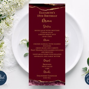 modello di menu bordeaux e oro, menu per eventi modificabile, menu per feste di compleanno stampabile, menu per cena, menu in agata tfp29