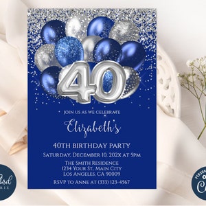 40th birthday invitation template, editable navy blue and silver birthday, balloons birthday party invites, adult party invite, 40 birthday
