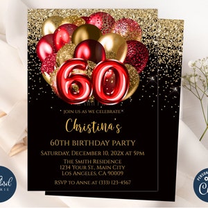 black red and gold birthday invitation template, editable 60th birthday invitations, balloons birthday party invites, adult birthday invites