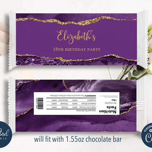 purple and gold chocolate wrapper template, editable candy bar wrapper, printable chocolate bar wrapper, chocolate bar birthday favors TFP04