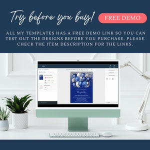 May include: A computer screen displaying a blue and silver birthday invitation template with balloons and the text "Eloyabeth's 10th Birthday Party". The screen is open in a design program with a toolbar and options for editing the template.
