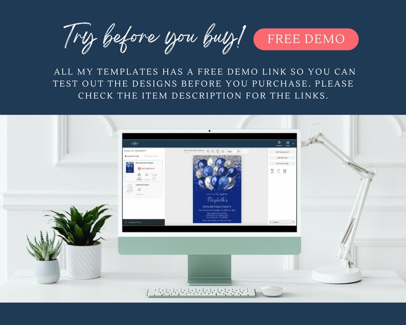 May include: A computer screen displaying a blue and silver birthday invitation template with balloons and the text "Eloyabeth's 10th Birthday Party". The screen is open in a design program with a toolbar and options for editing the template.