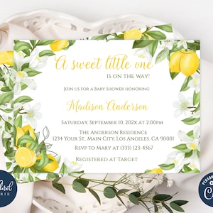 lemon baby shower invitation template, gender neutral baby shower, lemon baby shower invites, citrus invitation, lemon floral invite