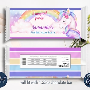 unicorn chocolate wrapper template, editable unicorn candy bar wrapper, printable hershey bar wrapper, unicorn birthday party favor labels