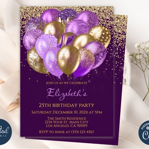 purple and gold birthday invitation template, editable birthday invitations, balloons birthday party invites, adult birthday, women birthday