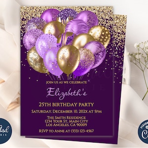 purple and gold birthday invitation template, editable birthday invitations, balloons birthday party invites, adult birthday, women birthday