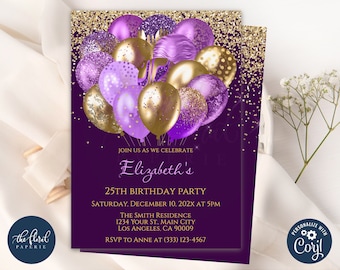 purple and gold birthday invitation template, editable birthday invitations, balloons birthday party invites, adult birthday, women birthday