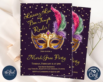 May include: Purple invitation with gold confetti and a gold and blue masquerade mask with feathers. The text reads "Laissez Les Bon Temps Rouler!" and "Mardi Gras Party".