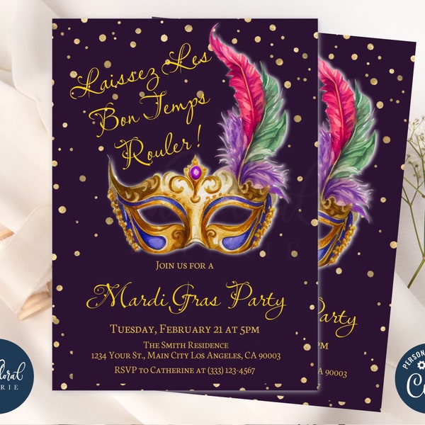 Modèle d'invitation de fête de mardi gras, invitation modifiable de mardi gras, invitation imprimable de mascarade, invitations de gros mardi, anniversaire de mardi gras