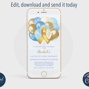 last day of chemo party text invitation template, editable gold ribbon text invite, digital invitation, phone invitation, electronic invite