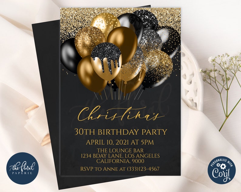 Black And Gold Birthday Invitation Template Editable Birthday Etsyde