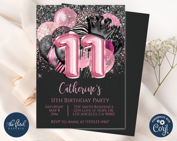 11th Birthday Invitation Template Editable Black and Pink | Etsy