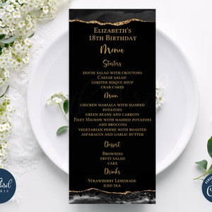 czarno-złoty szablon karty menu, edytowalna karta menu na wydarzenie, karta menu do druku, karta menu na kolację, karta menu agatowa, menu urodzinowe TFP01