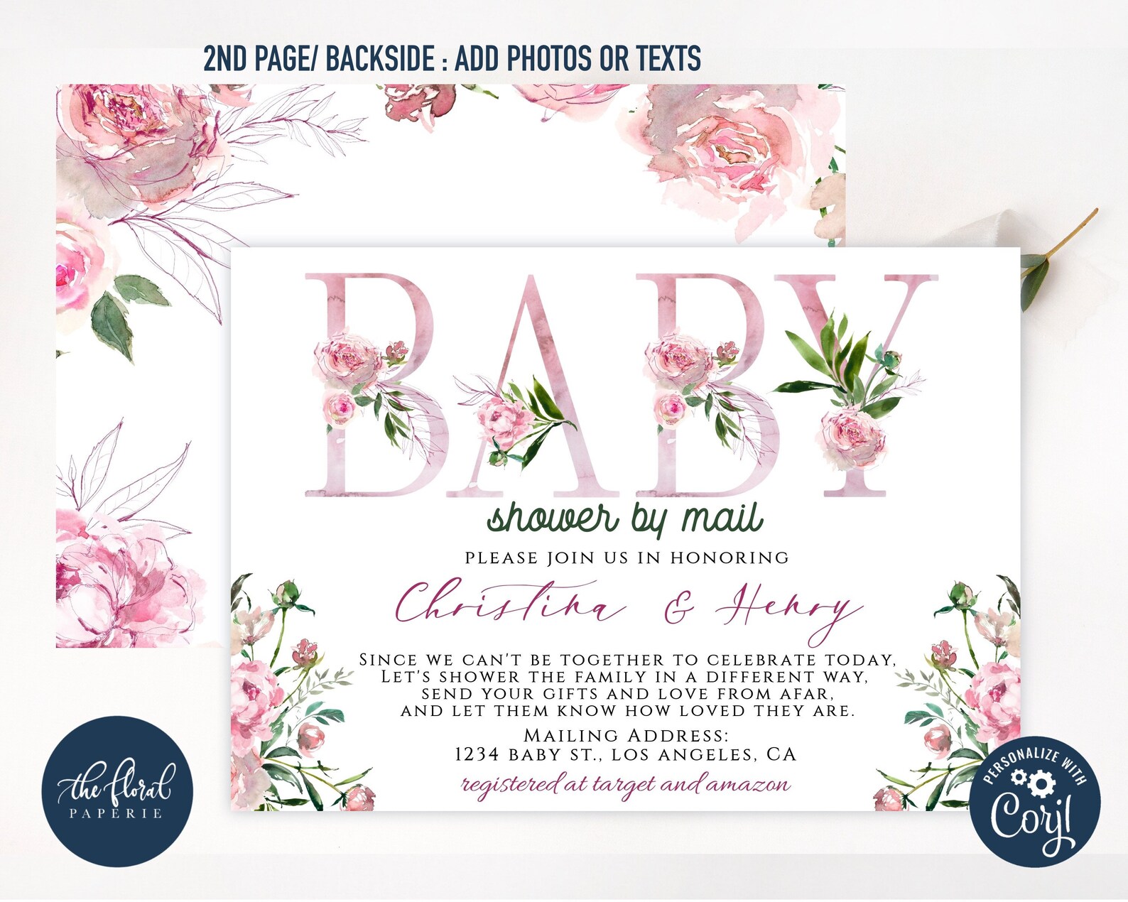 Baby shower by mail invitation template printable pink baby Etsy
