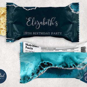 Modèle d&#39;emballage de riz krispies bleu sarcelle et argenté, emballage de riz croustillant modifiable, étiquettes imprimables de régal de riz krispies, cadeaux d&#39;anniversaire TFP46