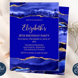 royal blue and gold birthday invitation template, blue any age birthday invitation, agate invitation, adult birthday, women birthday TFP50