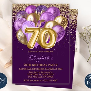 70th birthday invitation template, editable purple and gold birthday invite, balloon birthday party invites, adult party invite, 70 birthday
