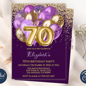 70th birthday invitation template, editable purple and gold birthday invite, balloon birthday party invites, adult party invite, 70 birthday