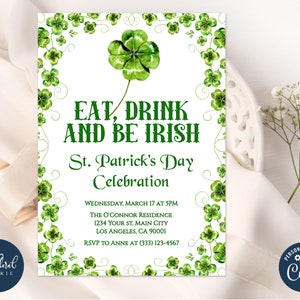 St. Patricks Day party invitation template, editable St Paddys Day invites, printable shamrock invitation, St Patricks party invites
