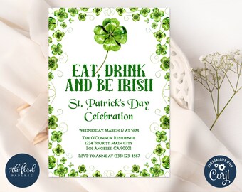 St. Patricks Day party invitation template, editable St Paddys Day invites, printable shamrock invitation, St Patricks party invites