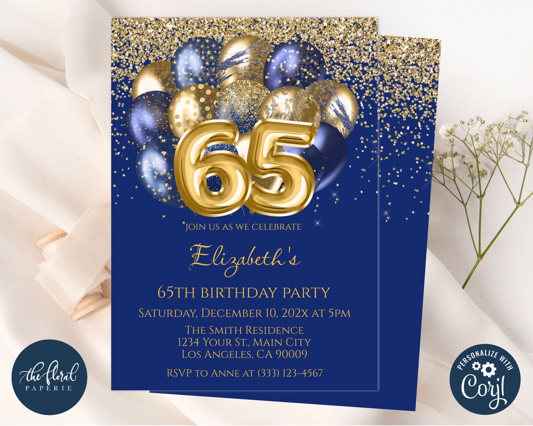 65th Birthday Invitation Template Navy Blue and Gold Birthday 65th Birthday Invitation Template Navy Blue and Gold Birthday