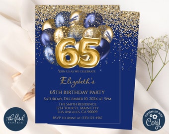 65th birthday invitation template, navy blue and gold birthday, editable balloons birthday party invites, adult party invite, 65 birthday