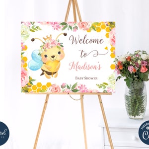 Plantilla de letrero de bienvenida para baby shower de abejas, letrero de bienvenida para fiesta de abejas imprimible, póster de letrero de bienvenida de abejorro, baby shower de niña, decoración de fiesta de abejas,