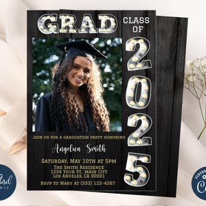 graduation party invitation template, black and silver graduation party invites, class of 2025, 2025 graduation invite, marquee invitation