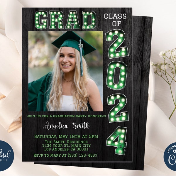 graduation party invitation template, editable green graduation invitation, class of 2024, 2024 graduation invitation, marquee invitation