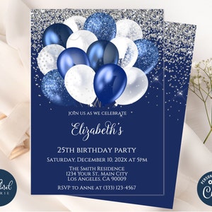 navy blue and white birthday invitation template, editable kids birthday invitations, balloons birthday party invites, adult birthday invite