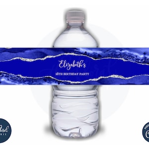 May include: Blue and silver water bottle label with the text "Elizabeth's 18th Birthday Party".