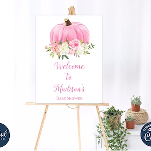 pink pumpkin Welcome Sign template, editable pumpkin baby shower sign, pumpkin baby shower sign, pumpkin welcome poster, girl baby shower