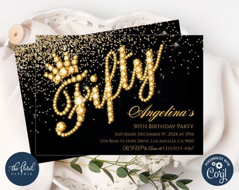 50th birthday invitation, black and gold birthday invitation template, editable fifty birthday party invite, adult birthday, women birthday