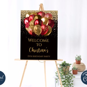 sjabloon voor zwart, rood en goud verjaardagsbord, afdrukbare poster met welkomstbord, rode en gouden ballonnen welkomstbord
