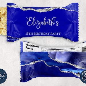 royal blue silver rice krispies wrapper template, editable rice crispy wrapper, printable rice krispies treat labels, birthday favors TFP42